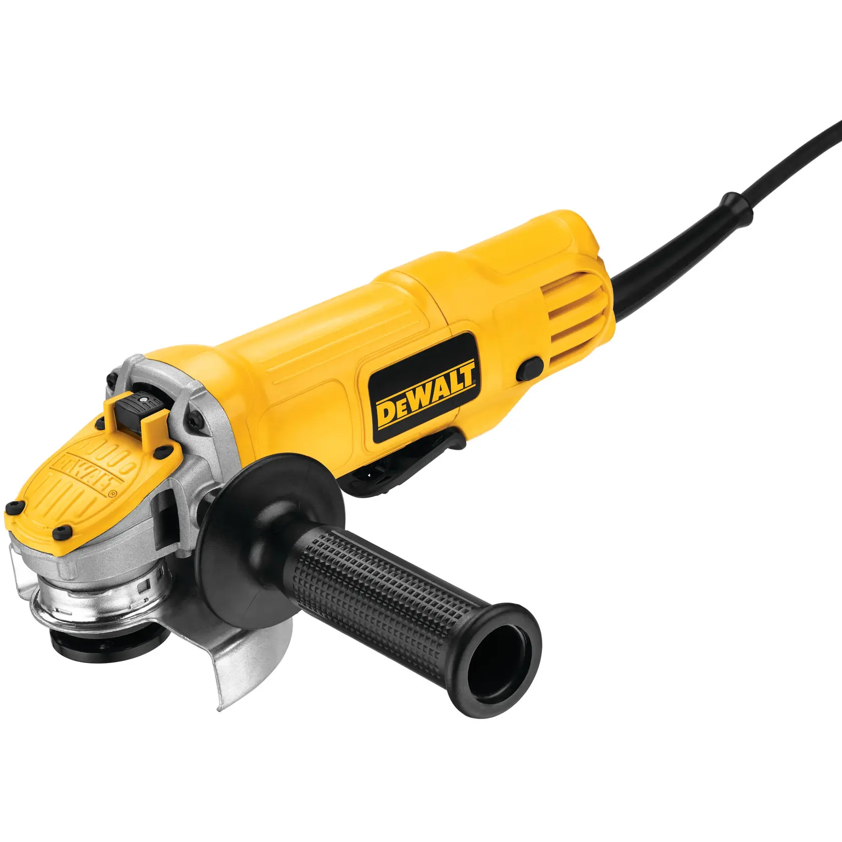 A DEWALT DWE4120 angle grinder with a yellow body and a black handle, shown against a white background.
