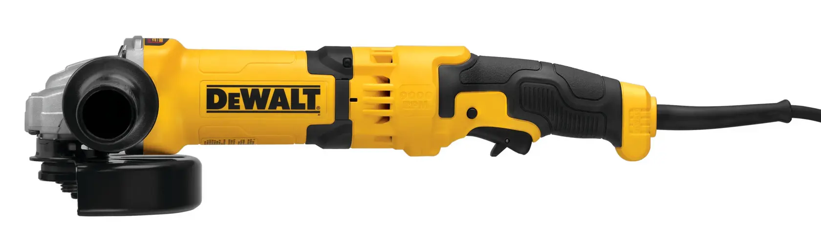 A yellow and black DEWALT electric angle grinder with a side handle and power cord, shown against a white background.