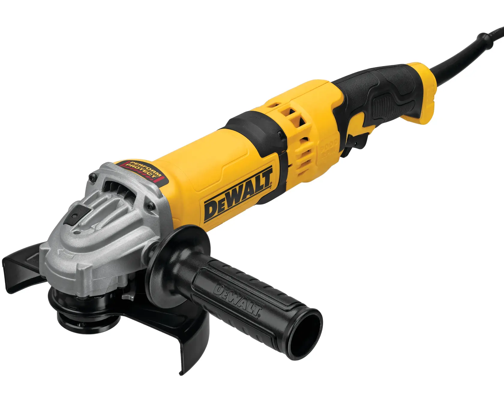 A DEWALT branded yellow and black angle grinder with a corded handle and a side grip, shown on a white background.