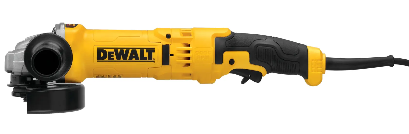 A DEWALT yellow and black corded angle grinder with a side handle, viewed from the side on a white background.