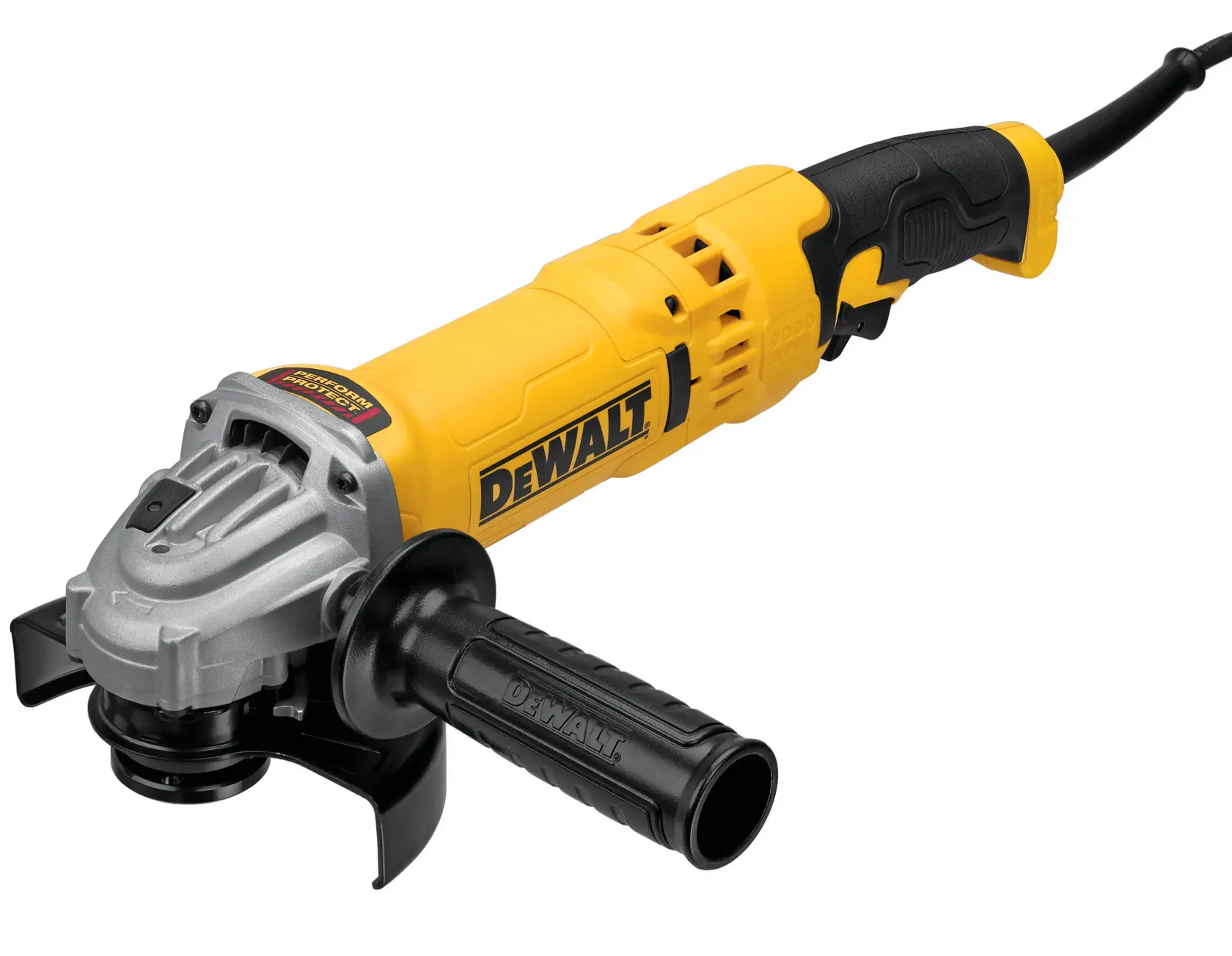 A yellow and black DEWALT angle grinder with a side handle and power cord.