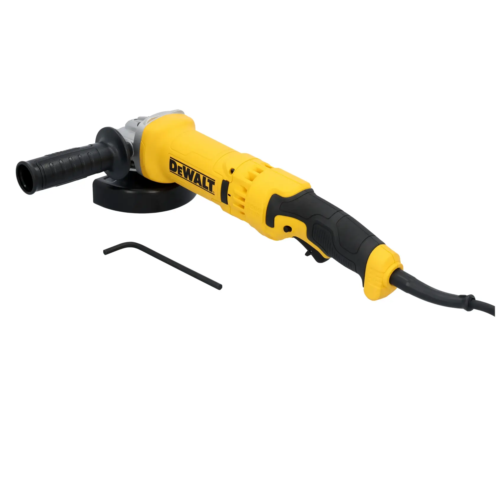 A yellow and black DEWALT angle grinder with a side handle and a power cord, shown with a hex key accessory next to it.