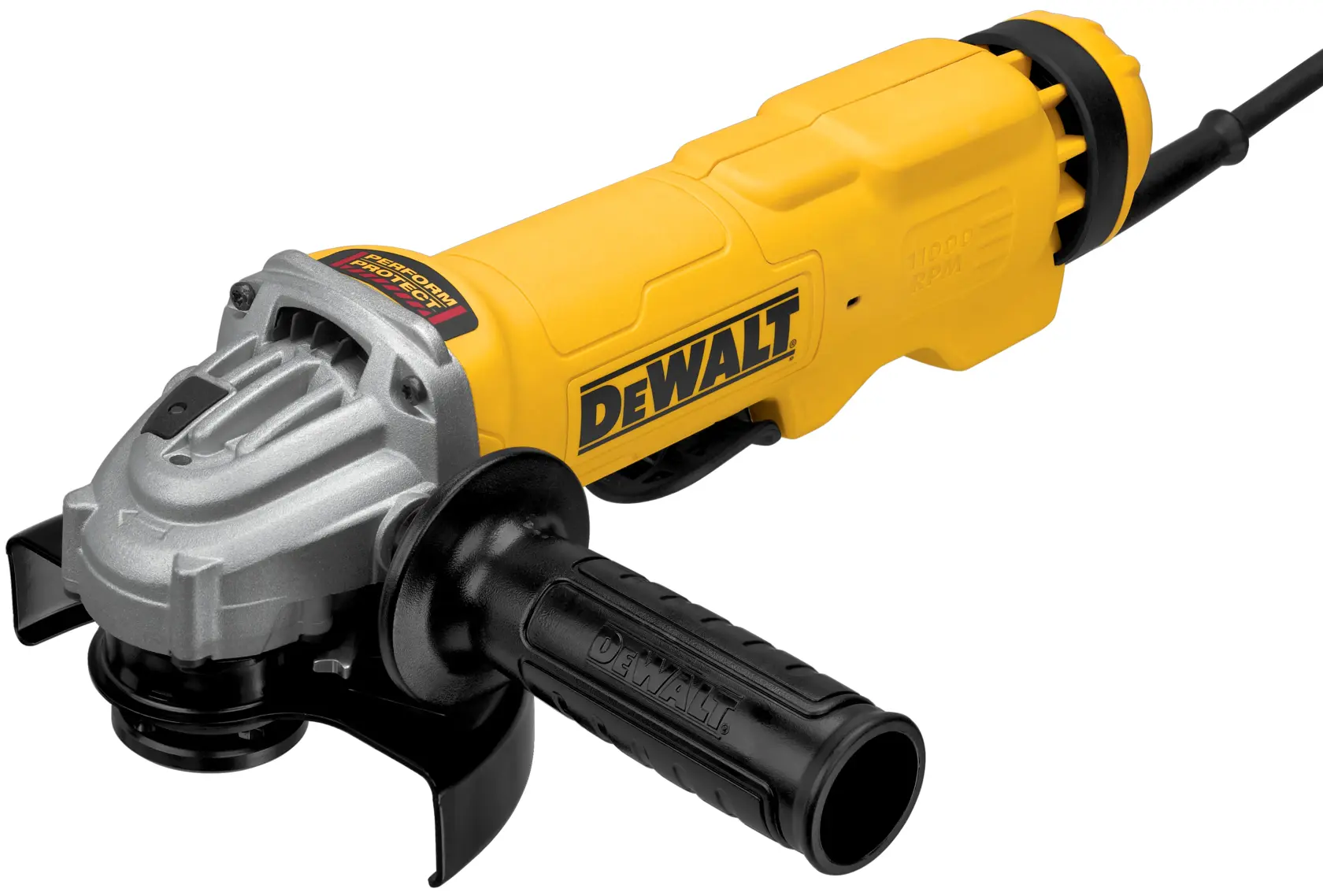 A DEWALT branded yellow angle grinder with a black side handle and metallic grinding head, shown on a white background.