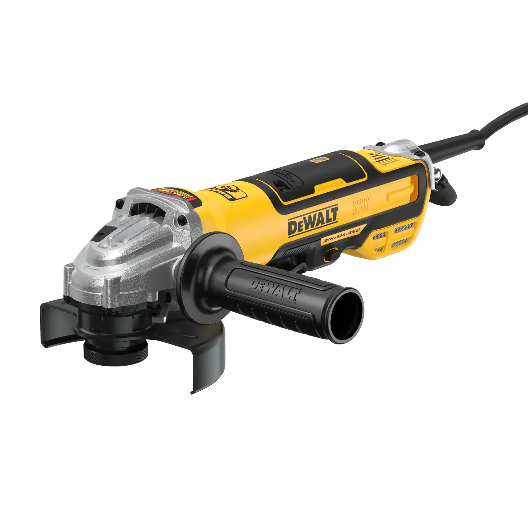 A DEWALT brushless angle grinder, model DWE43214NVS, featuring a yellow and black body with a side handle and guard. The tool is corded and designed for heavy-duty grinding tasks.
