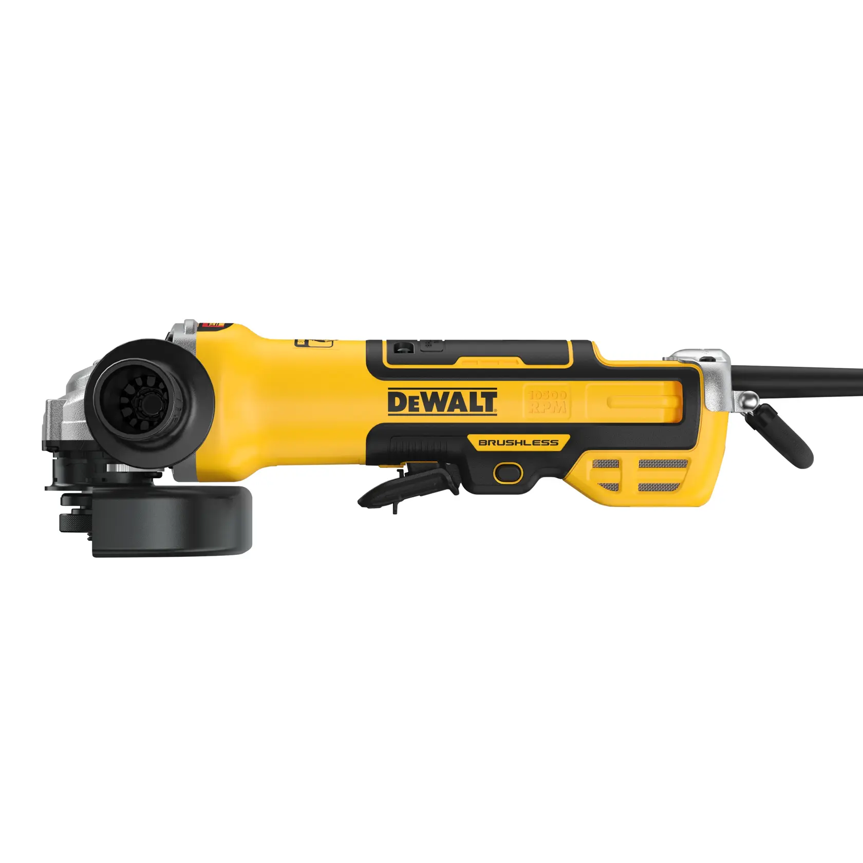 A DEWALT-branded electric angle grinder featuring a yellow and black body, a side handle, and a metal guard around the grinding wheel.