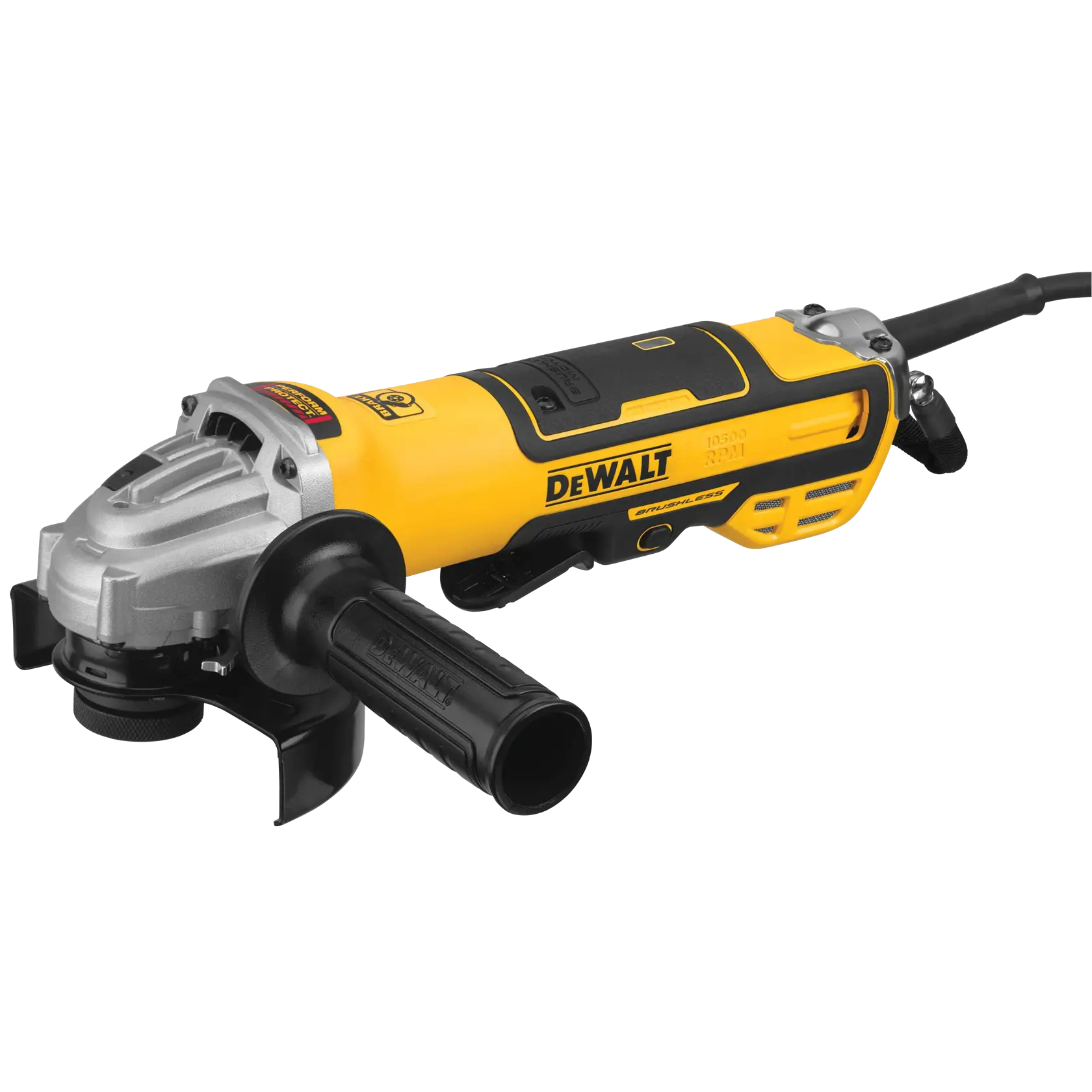 5 inch brushless paddle switch small angle grinder with kickback brake and nolock on in action on a metal cylinder by a worker at a worksite.