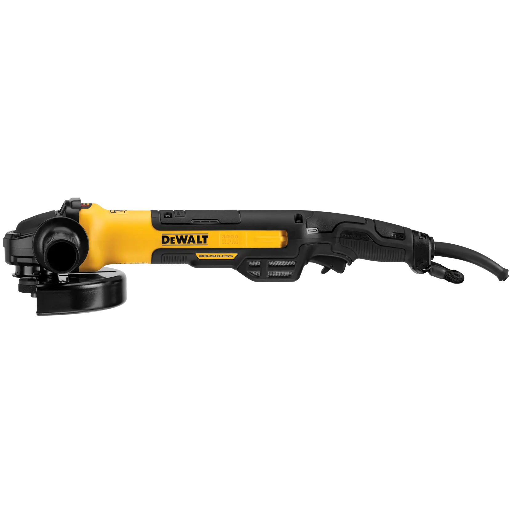 A DEWALT angle grinder with a yellow and black body, visible side handle, blade guard, and attached power cord, shown on a white background.