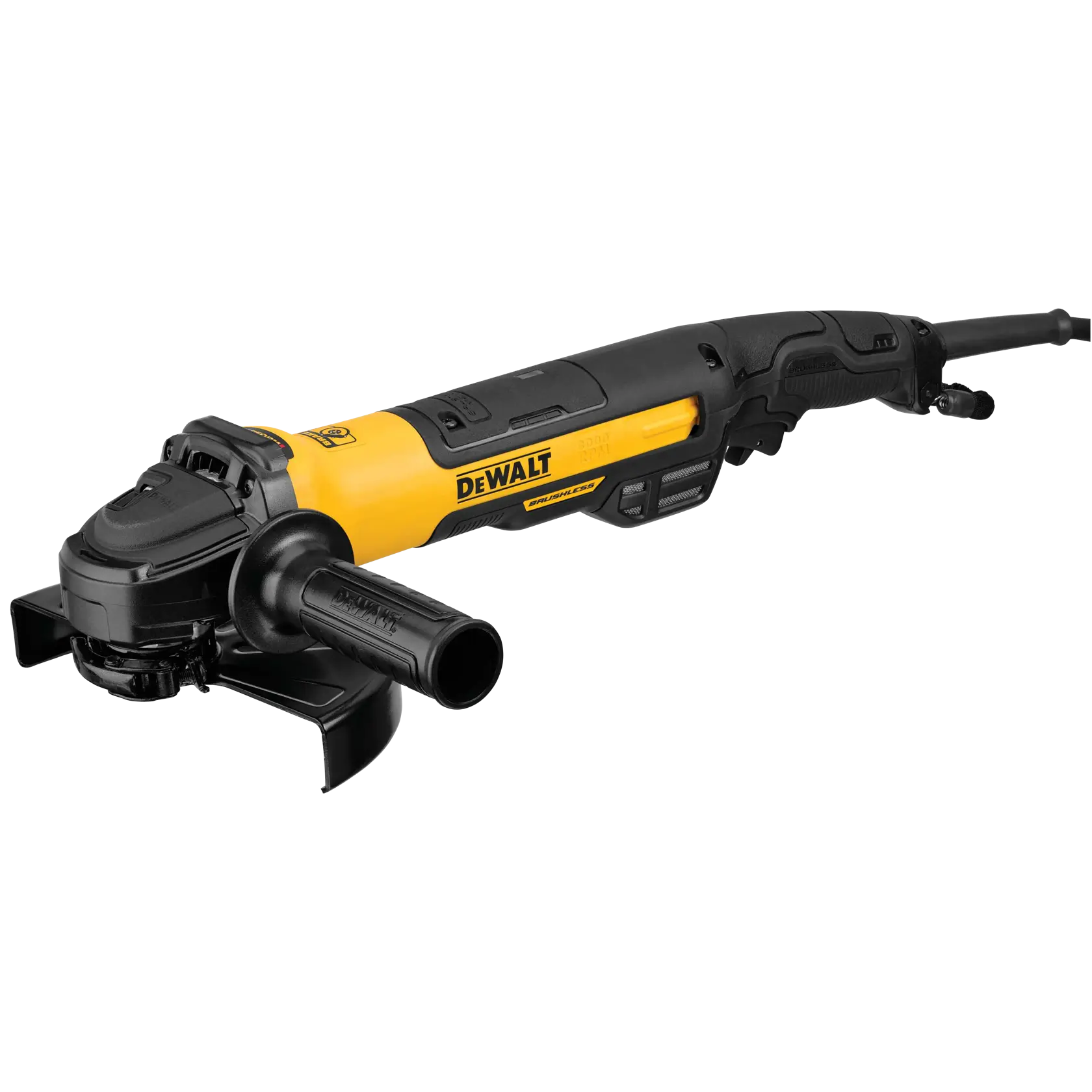A DEWALT-branded angle grinder featuring a yellow and black design, with a side handle and protective guard. The tool is photographed against a white background.