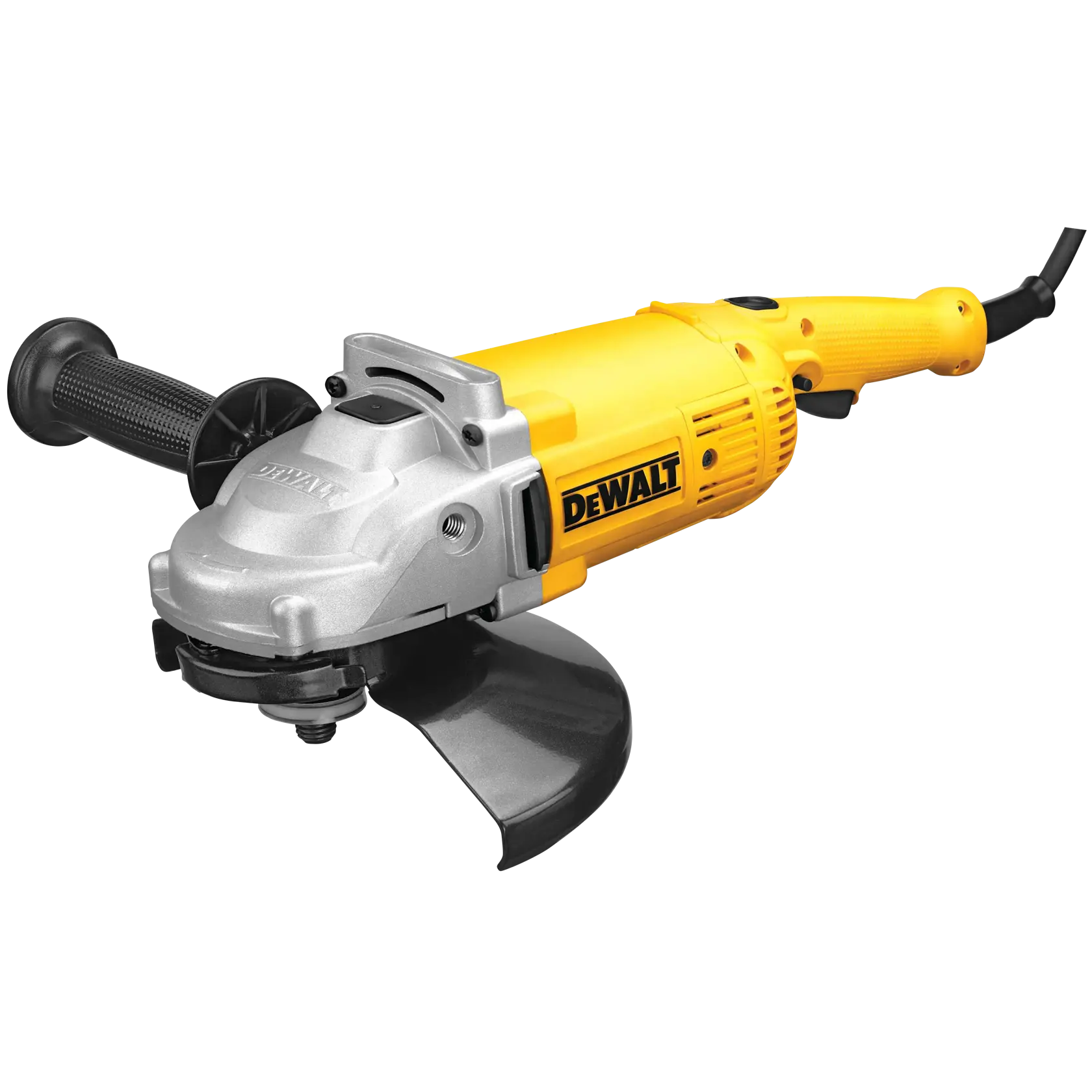 A yellow and black DEWALT angle grinder with a side handle and a metal guard, displayed against a white background.