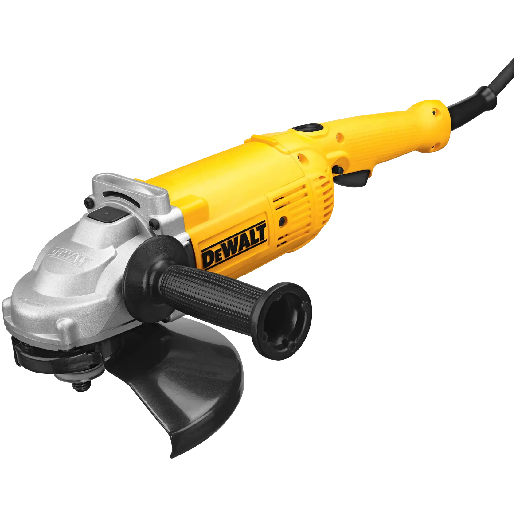 A yellow and black DEWALT angle grinder with a side handle and protective guard, shown on a white background.