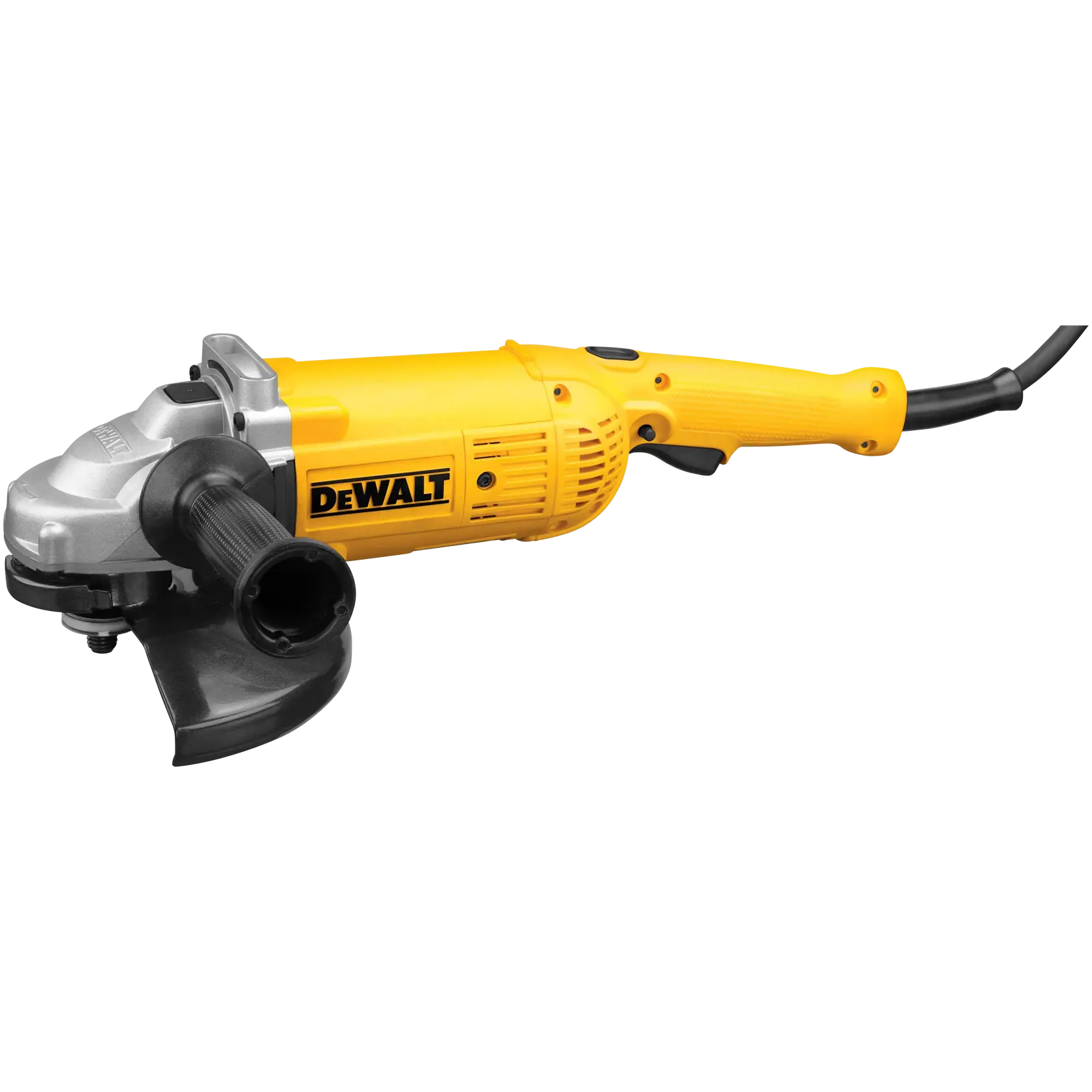 A DEWALT DWE4519 angle grinder with a yellow and black body, side handle, and power cord, shown against a white background.