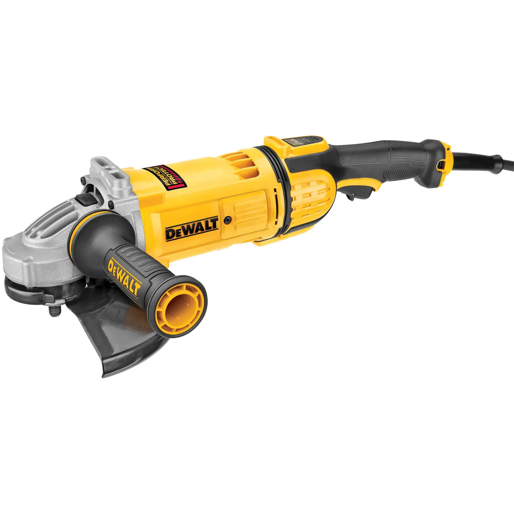 A DEWALT brand yellow and black electric angle grinder with a side handle and protective guard, designed for cutting and grinding tasks.