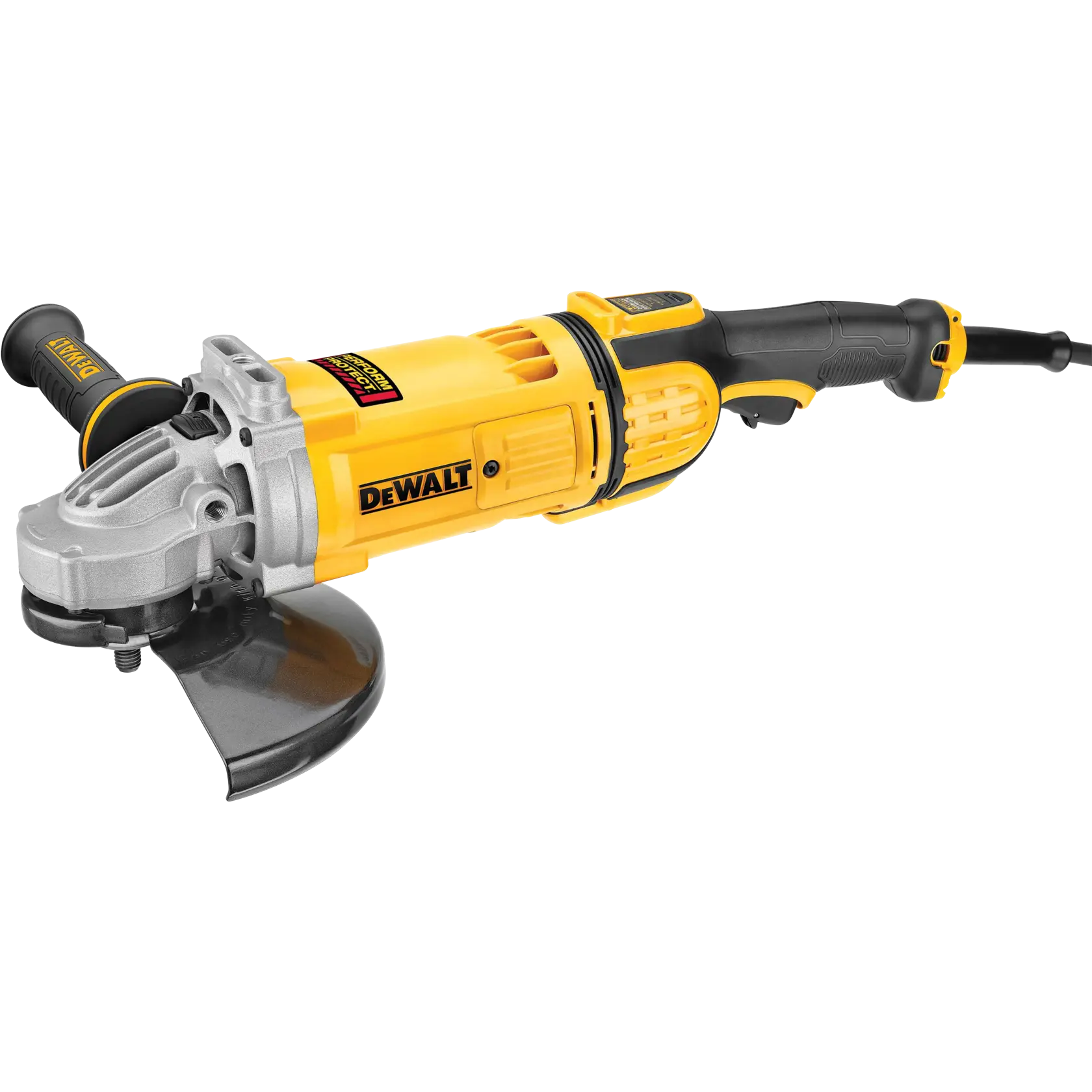A yellow and black DEWALT angle grinder power tool with a side handle and a protective blade guard.