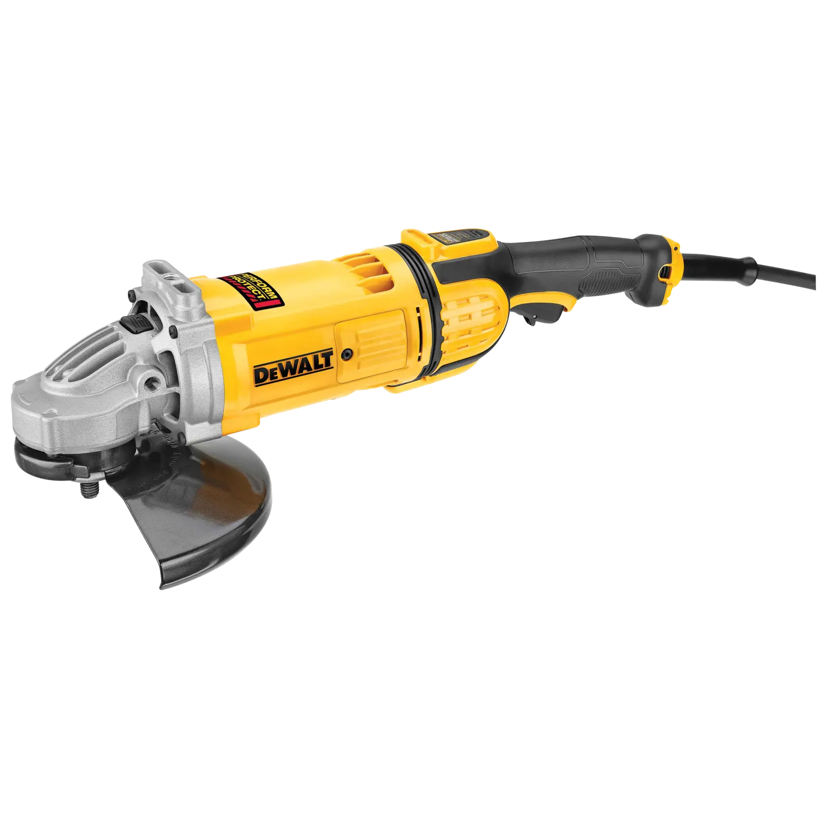 A DEWALT brand yellow and black angle grinder, featuring a robust design with a metal guard and corded handle, model DWE4599N.