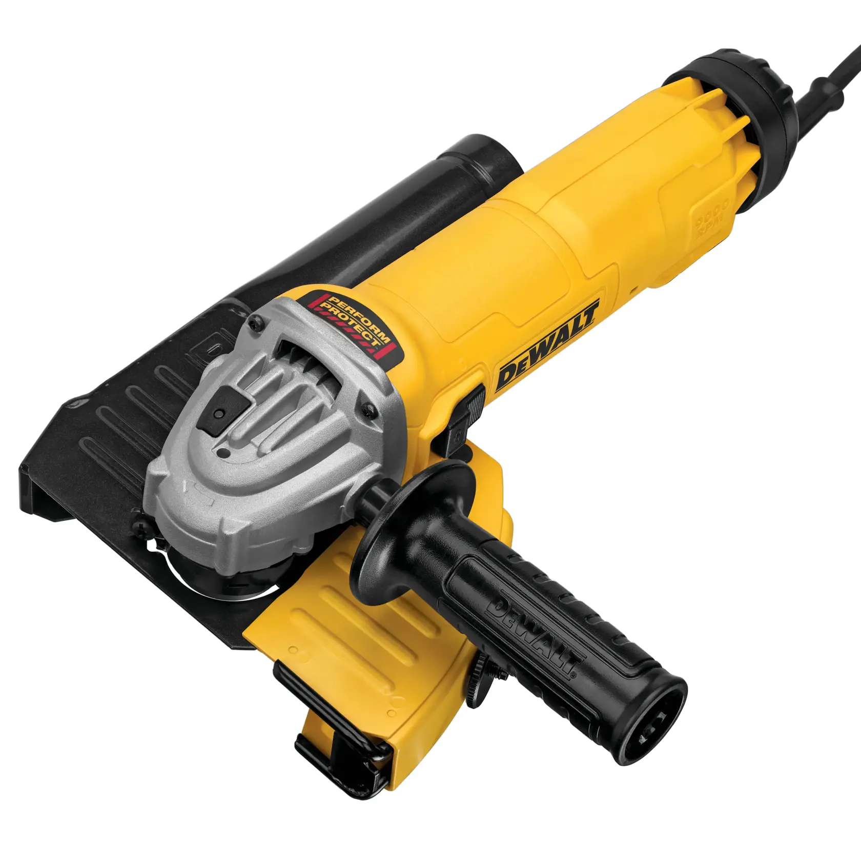 A DEWALT branded yellow and black angle grinder with a side handle and protective guard, shown on a white background.