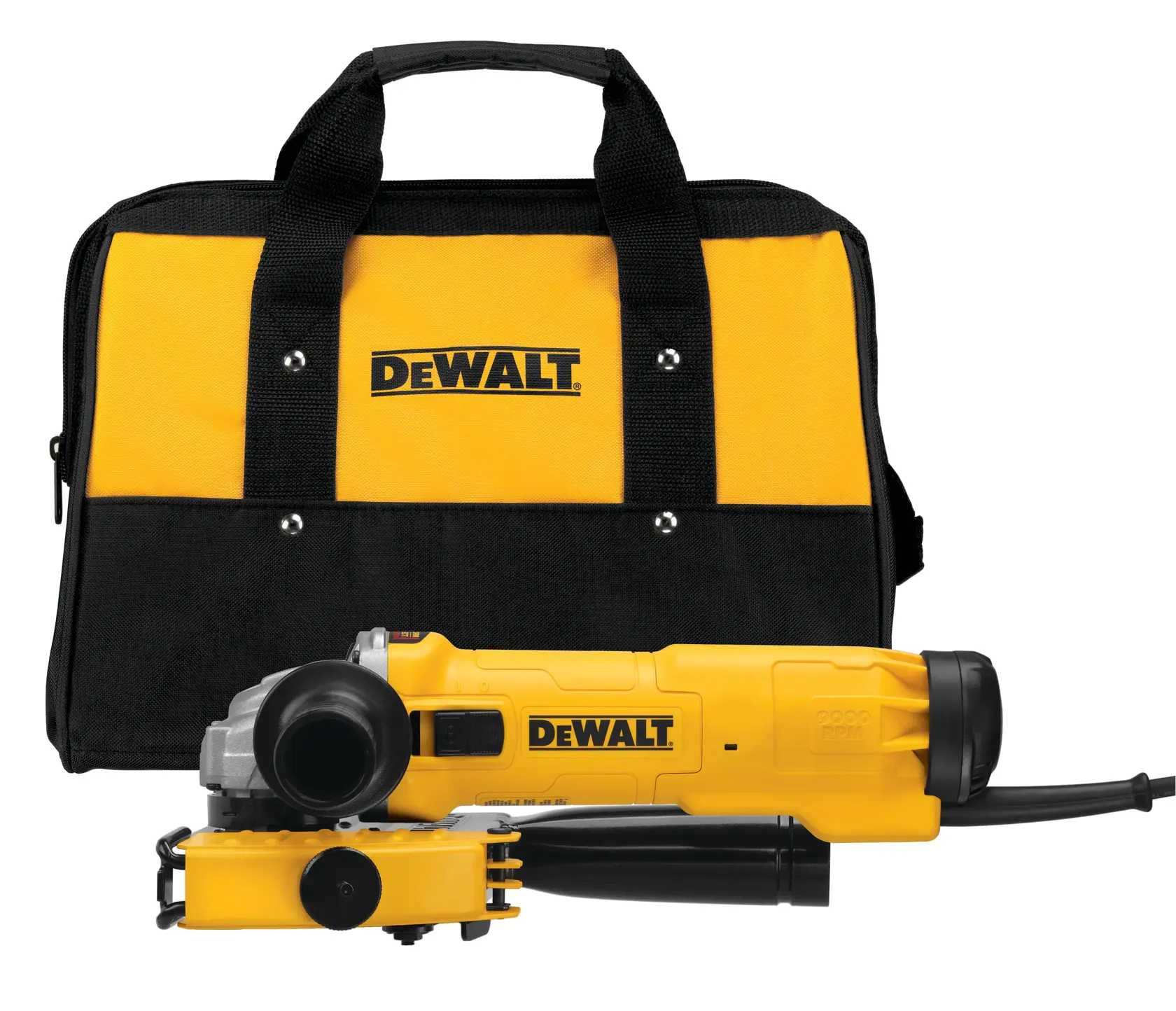 A yellow and black DEWALT-branded carrying bag with a DEWALT angle grinder placed in front of it. The grinder features a side handle and power cord.
