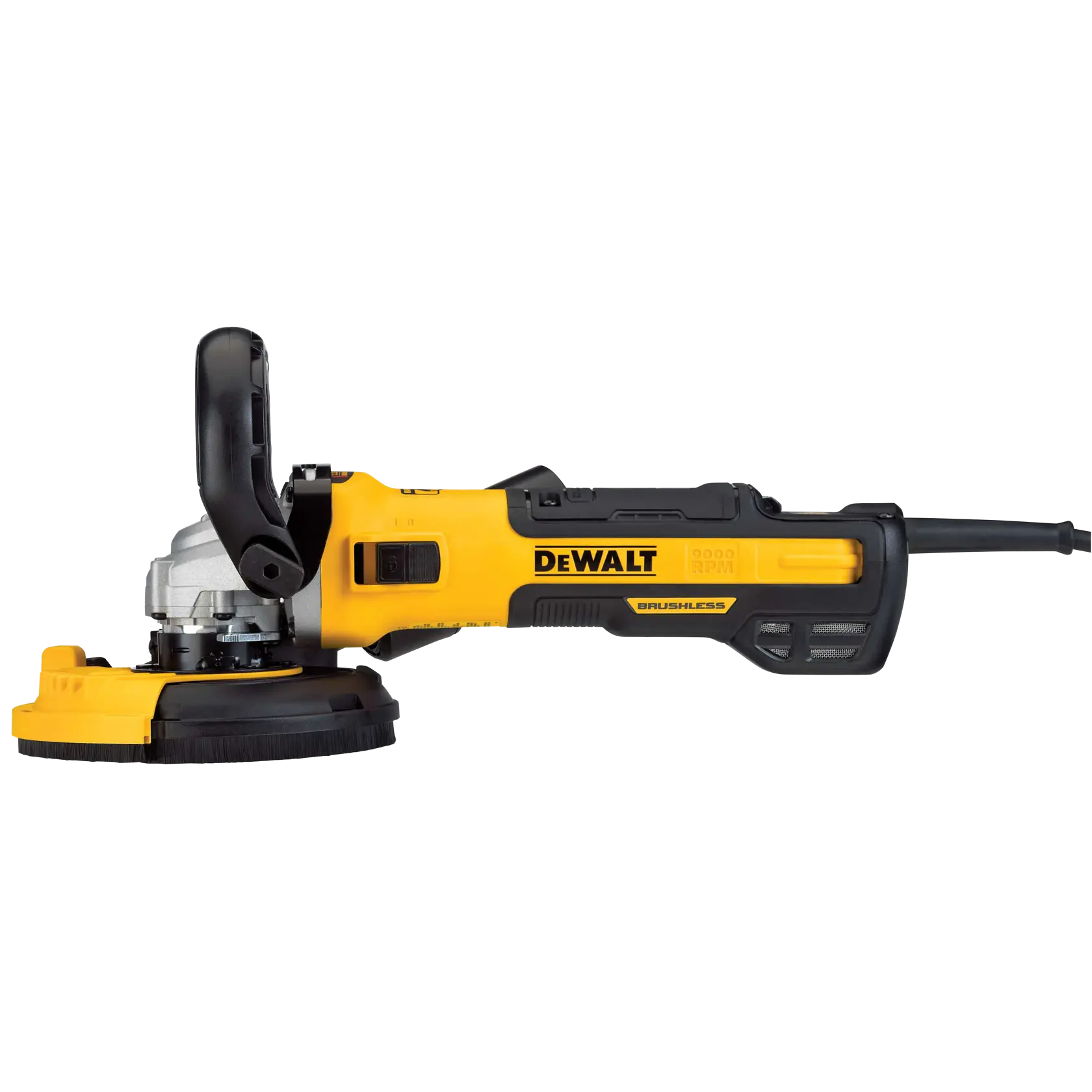 A person wearing work gloves uses a DEWALT electric grinder on a concrete surface. The grinder is yellow and black with a dust extraction attachment. The person is working near a brick wall.