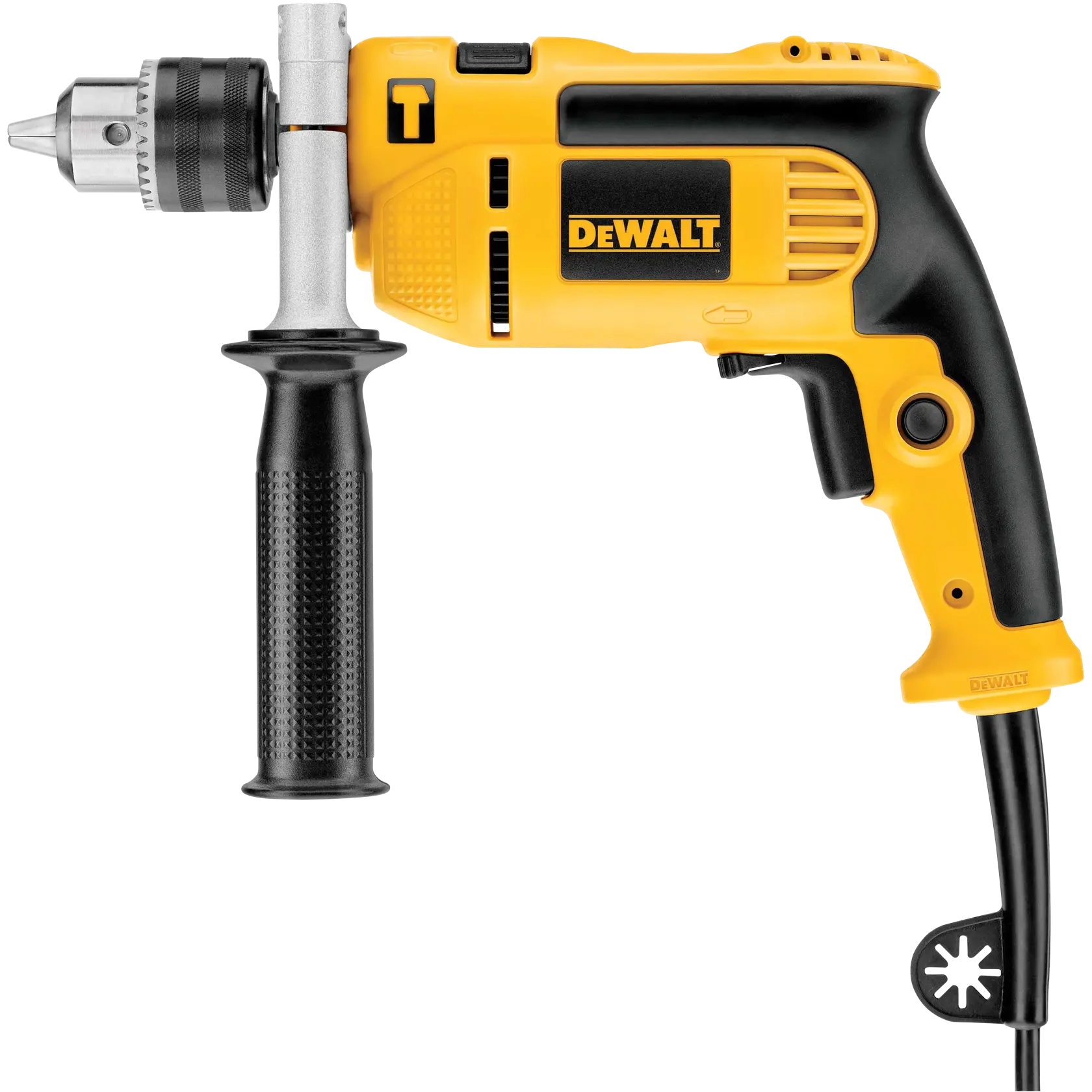 A yellow and black DEWALT electric drill with a side handle and power cord, shown against a white background.