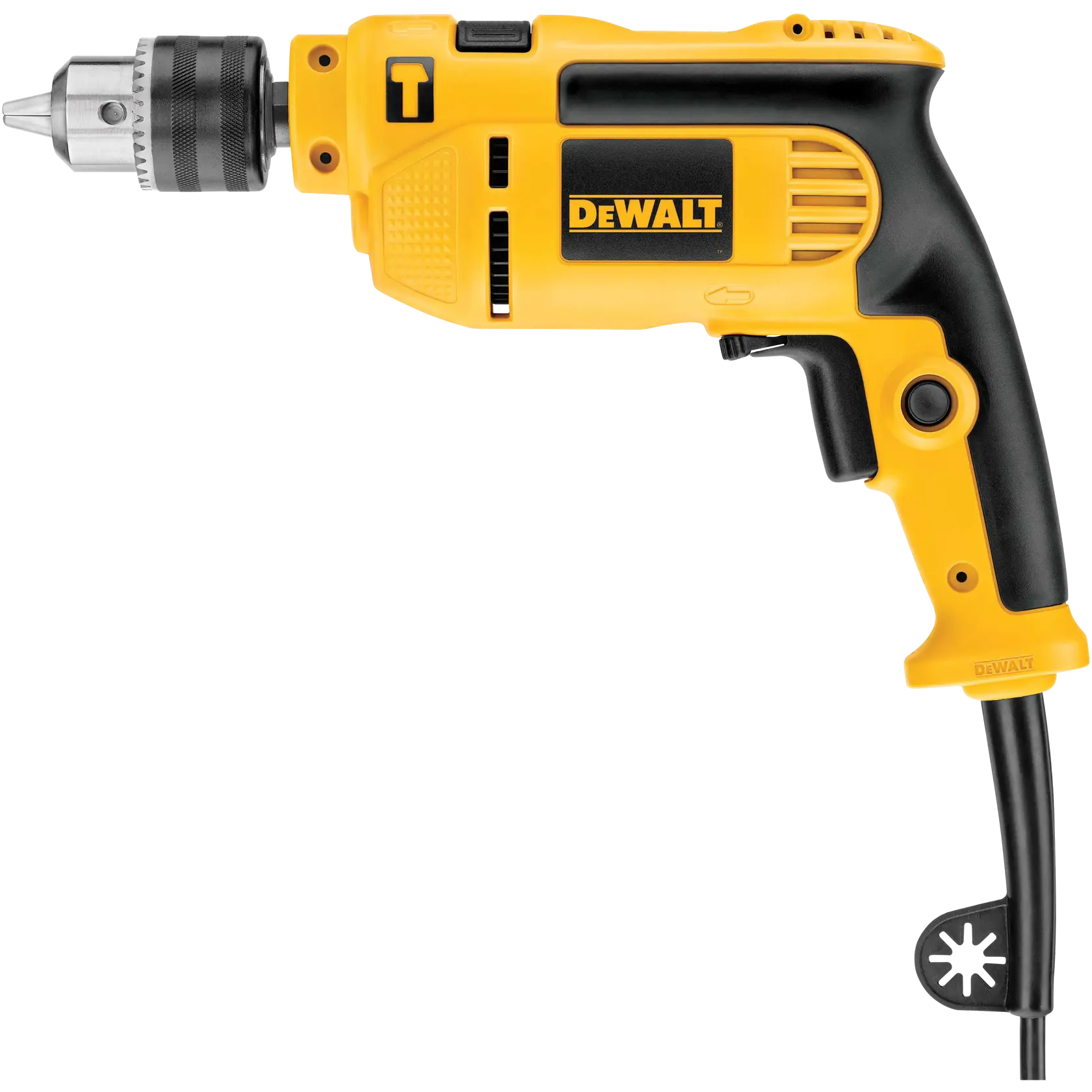 A yellow and black DEWALT electric drill with a cord, featuring a side trigger and a metal chuck at the front.