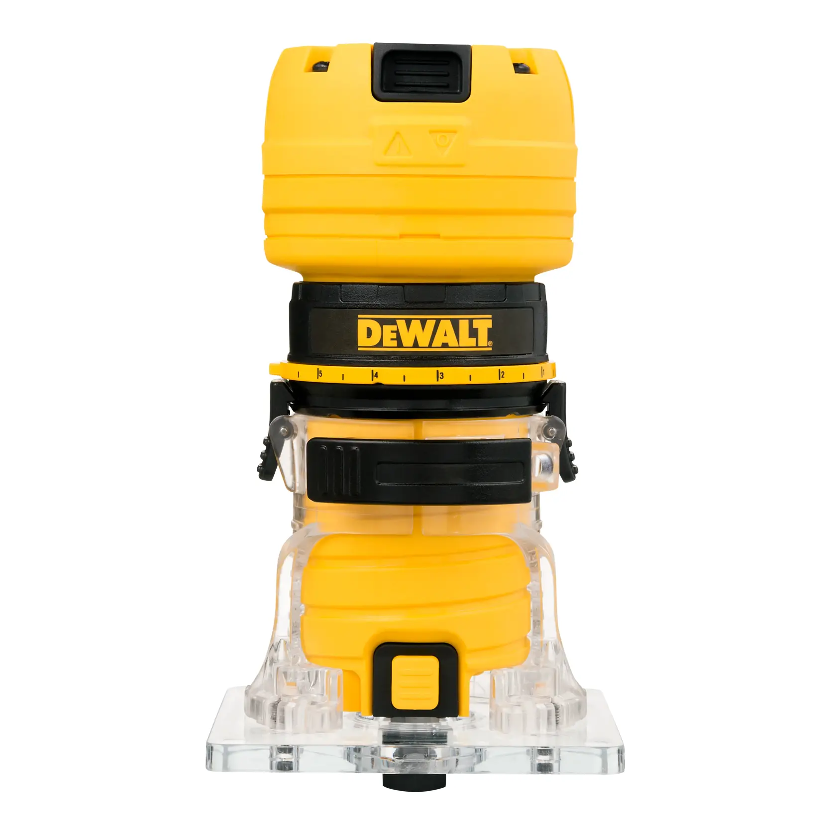 DEWALT DWE6000 compact yellow router tool with black accents, shown front view on white background.