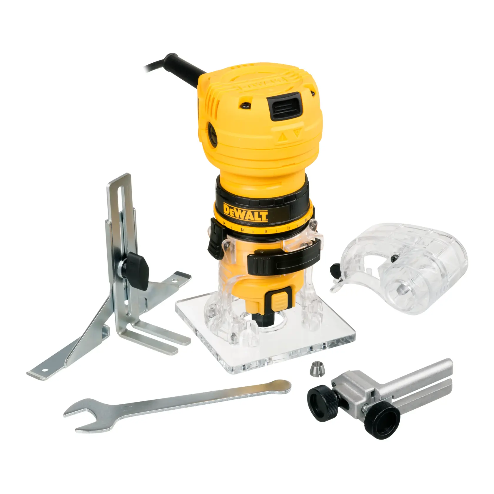 DEWALT DWE6000 router with base, accessories, wrench, and guide attachments on white background.