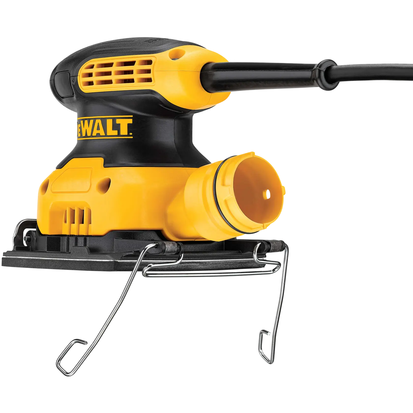 One quarter inch sheet palm grip sander sanding on a wooden wall at a worksite.