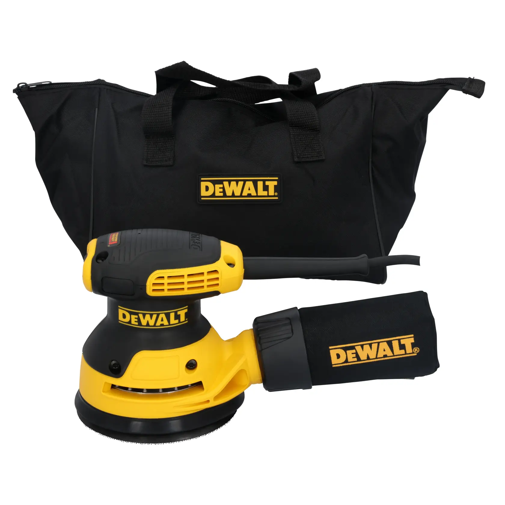 A DEWALT random orbital sander kit, including a yellow and black electric sander with a dust bag attachment, and a black carrying bag with the DEWALT logo.
