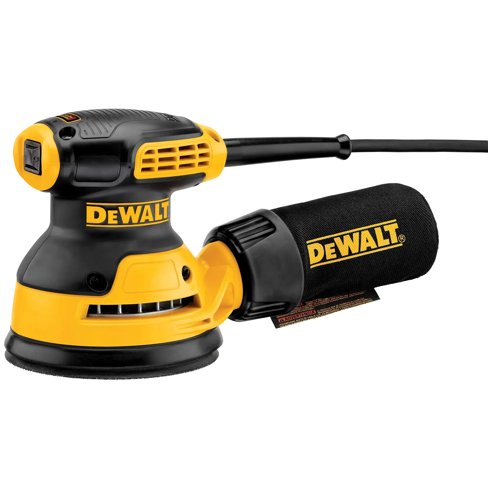 A DEWALT electric orbital sander with a black and yellow design, featuring a dust collection bag attached to the side and a power cord extending from the back.