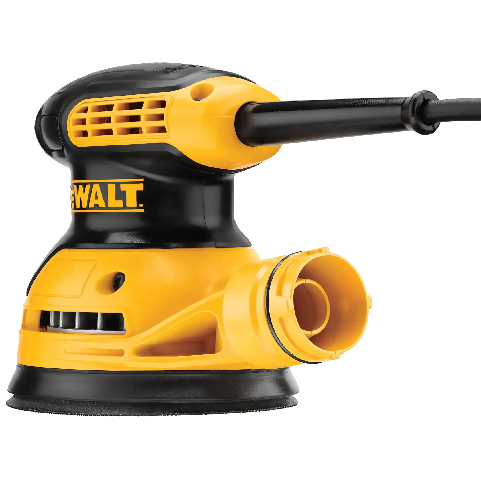 A close-up image of a DEWALT DWE6421 yellow and black electric orbital sander, showing the power cord and dust collection port.