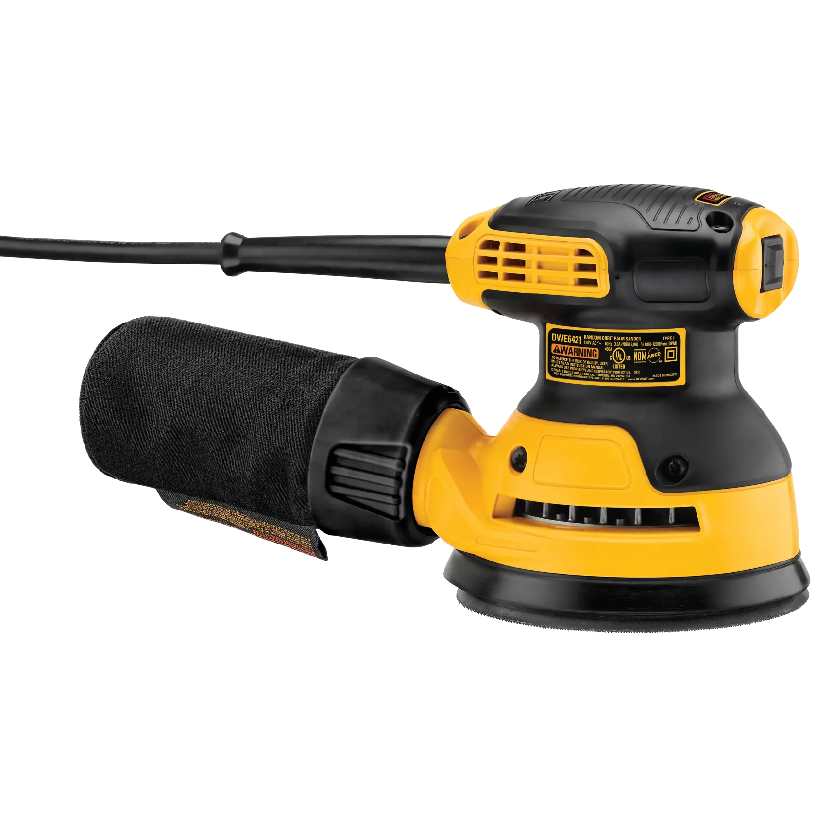 A DEWALT DWE6421 electric random orbit sander with a yellow and black design, featuring a dust bag attached and a power cord extending from the back.