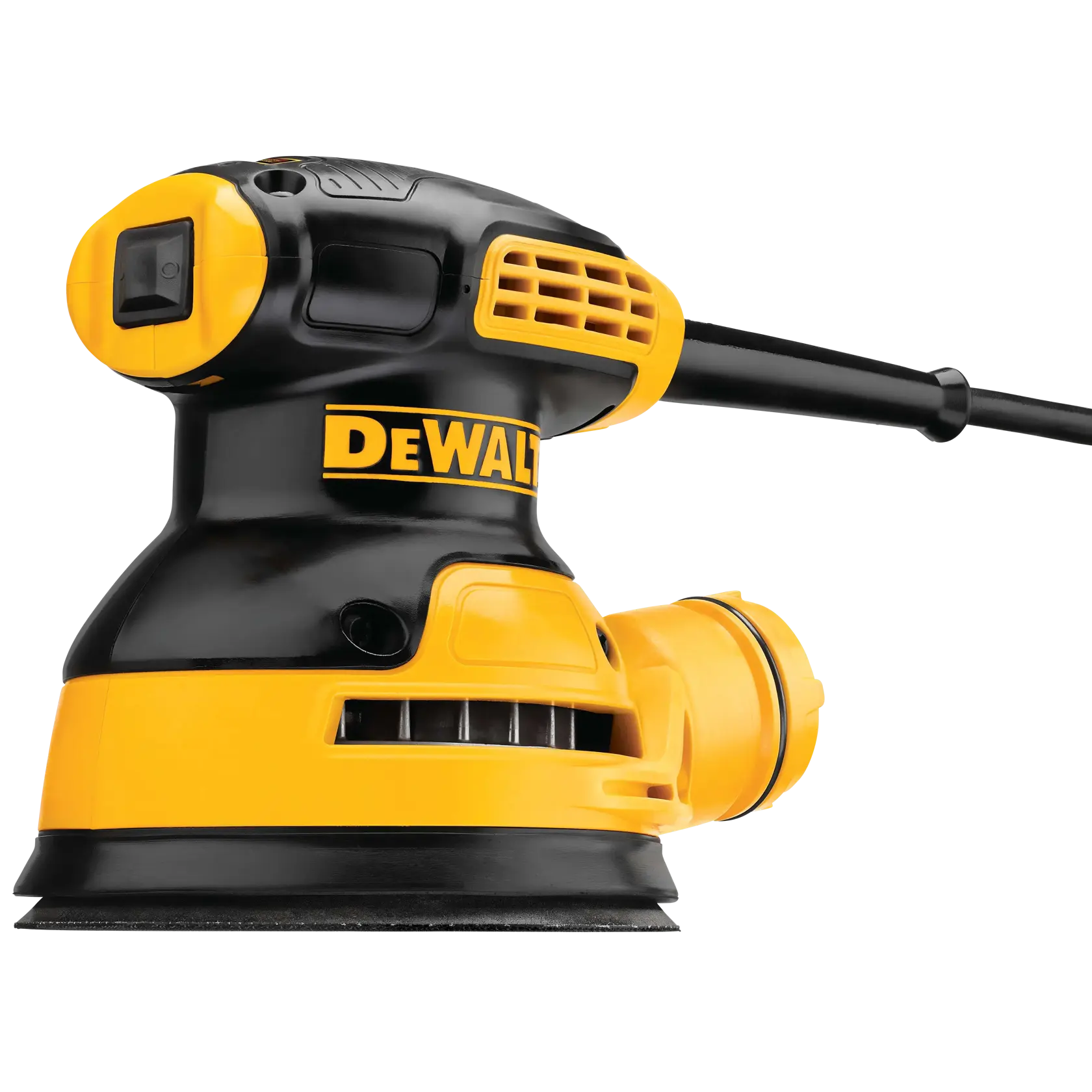 A DEWALT DWE6421 electric sander with a yellow and black design, featuring a round sanding pad and a power cord attached.