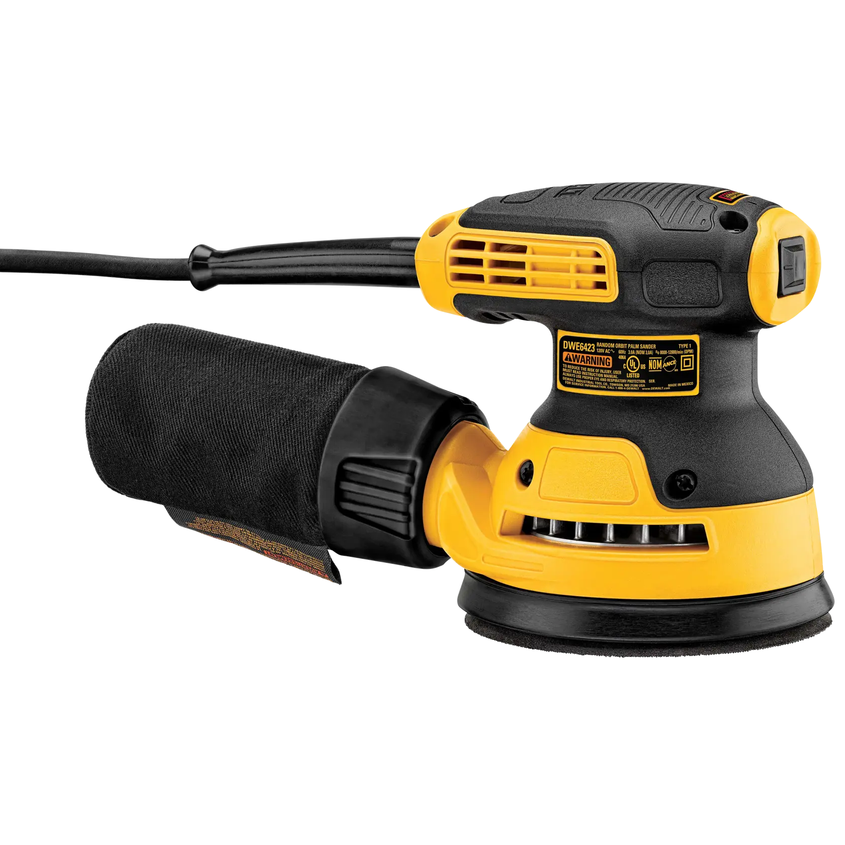 A DEWALT DWE6423K variable speed random orbit sander with a black dust bag attached, shown against a white background. The power tool is mostly yellow and black in color, with a visible cord extending from the back.