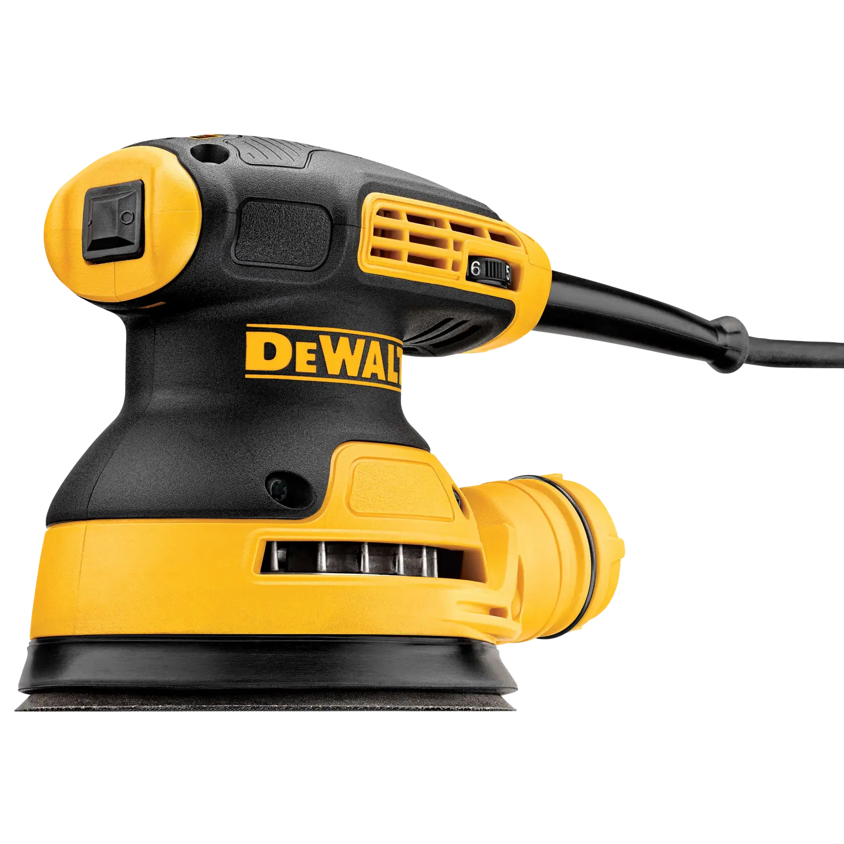 A close-up image of a DEWALT random orbit sander, model DWE6423K, featuring a yellow and black design with a power cord attached.