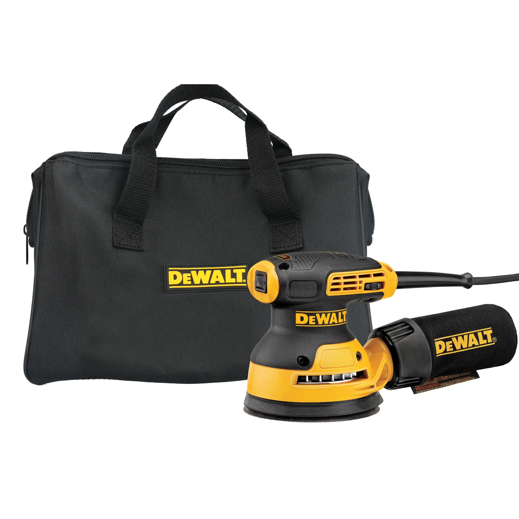 A DEWALT branded random orbital sander with a dust bag, shown in front of a black DEWALT carrying bag.