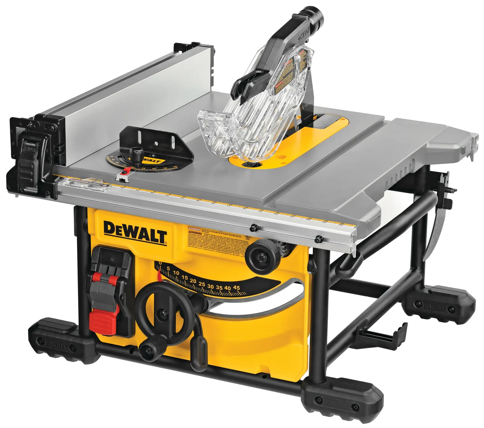 Compact Jobsite table saw cutting through wooden plank.