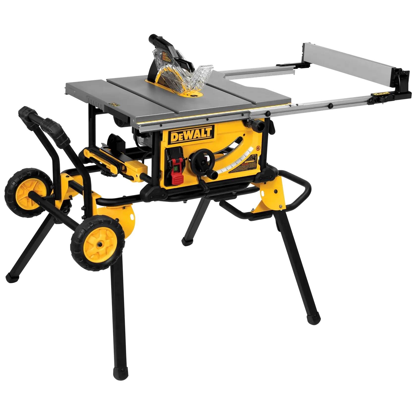 Overhead view of 10 inch Jobsite table saw  32 and half inch rip capacity and a rolling stand.