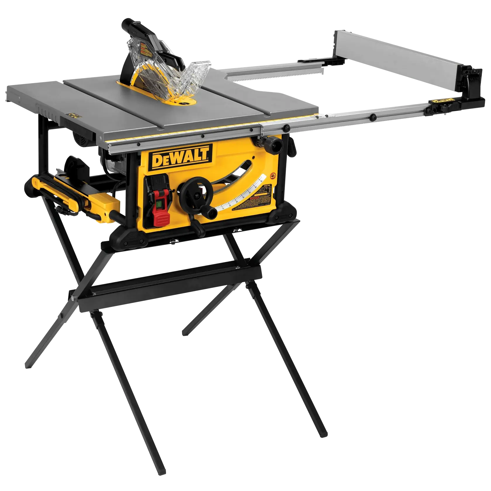 Overhead view of 10 inch Jobsite table saw 32 and half inch rip capacity and a rolling stand.