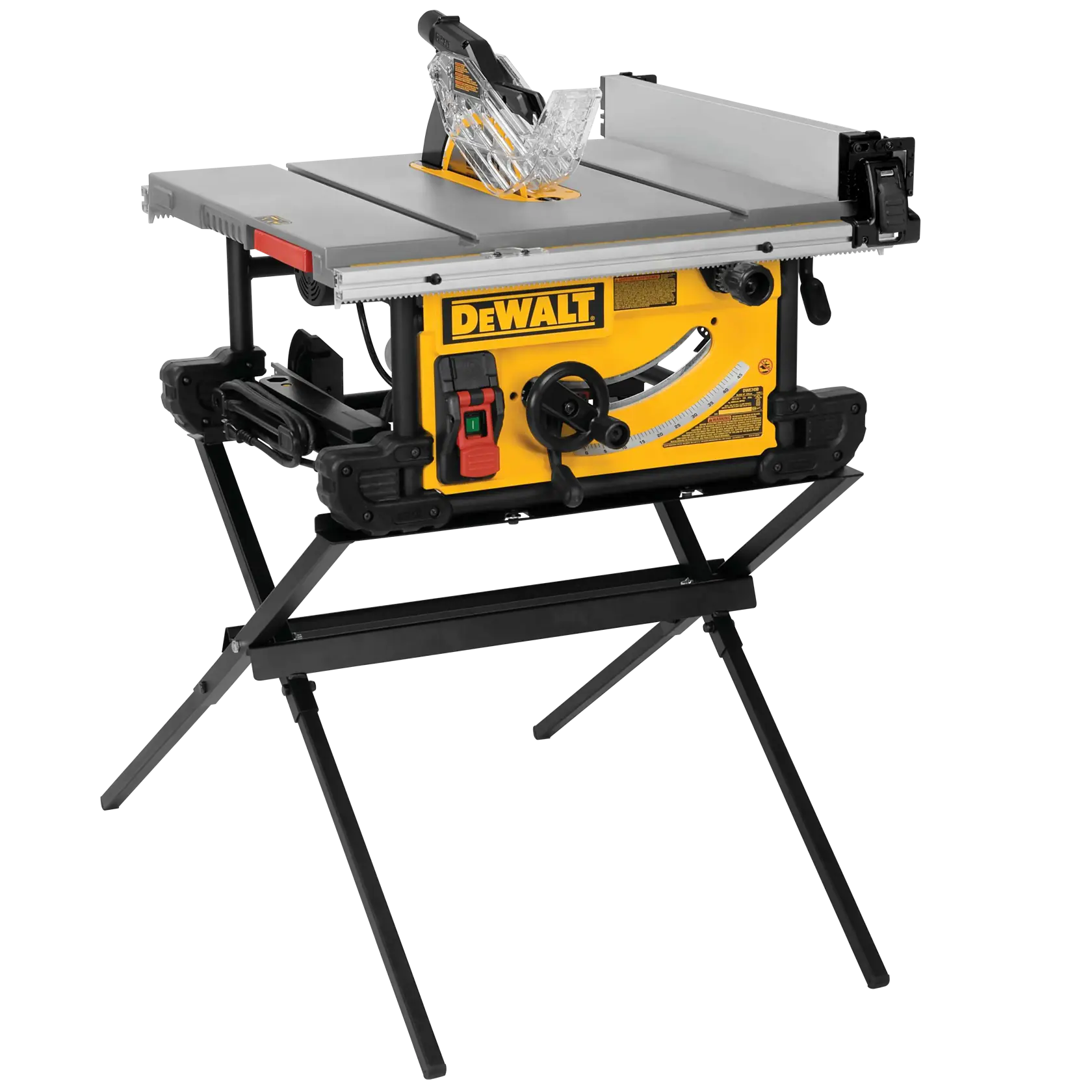 Profile of Table saw with scissor stand.
