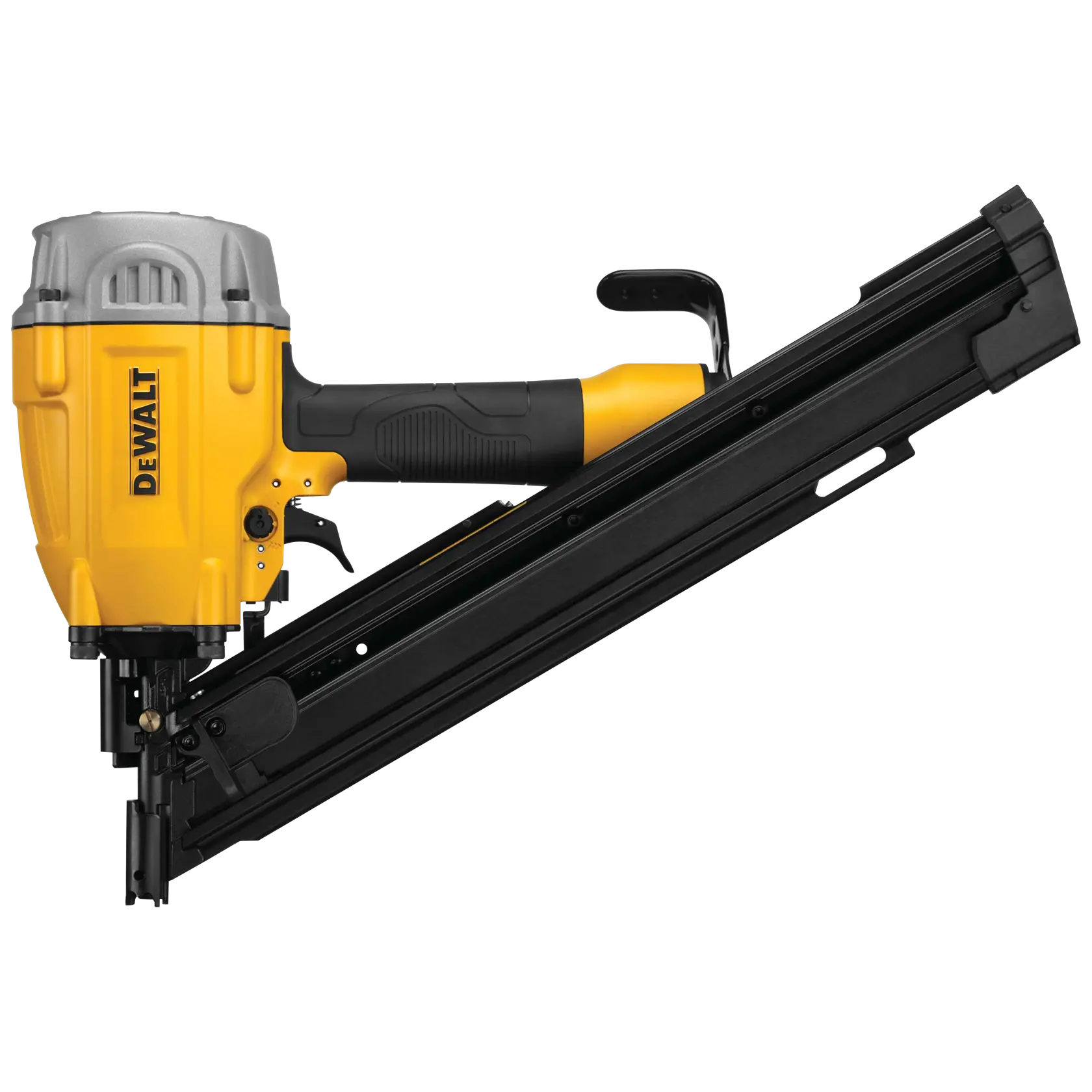 A DEWALT branded pneumatic framing nailer with a yellow and black design, model DWF83PT, shown against a white background.