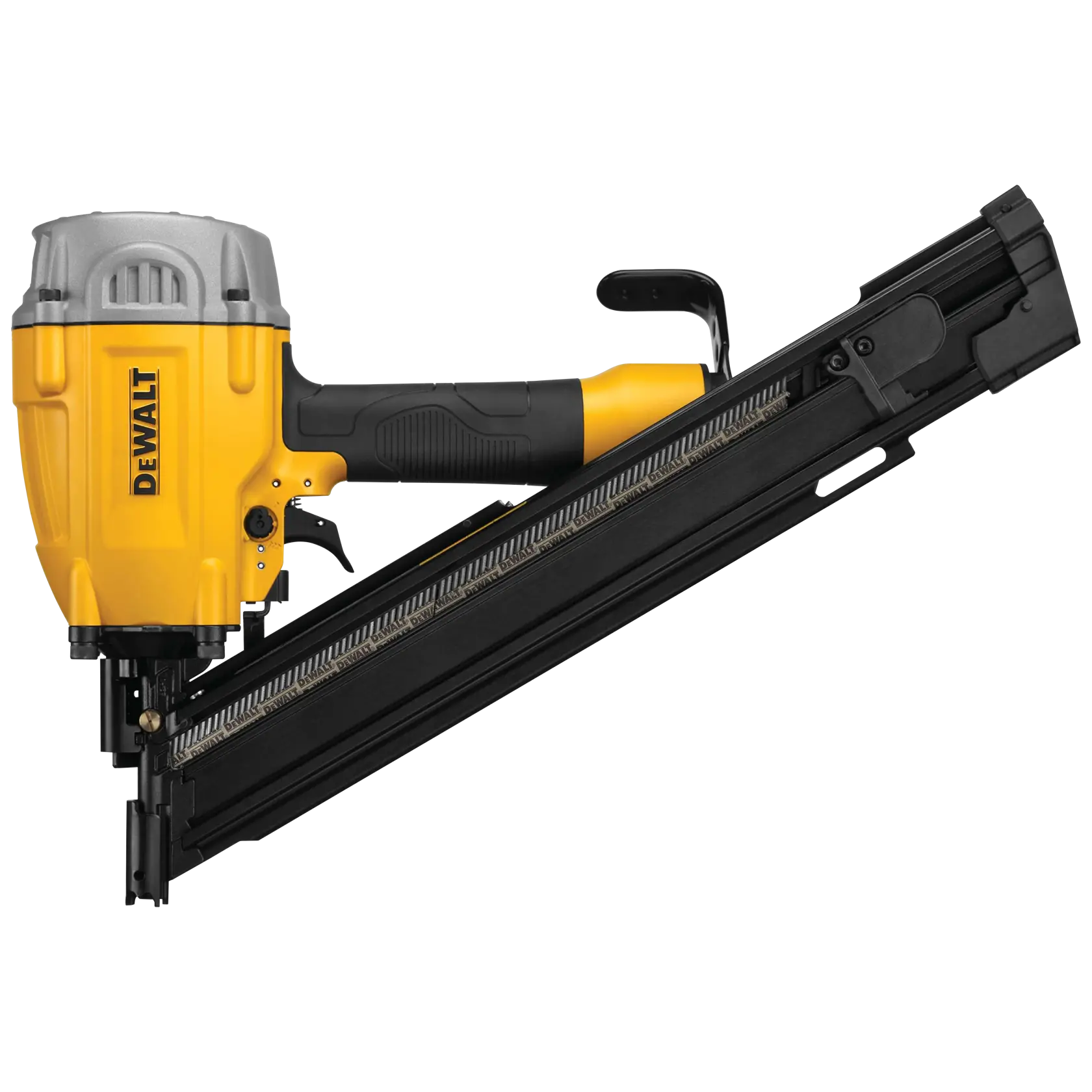 A DEWALT pneumatic framing nailer with a yellow and black body, designed for heavy-duty construction work. The tool has an ergonomic handle and a long magazine for holding framing nails.