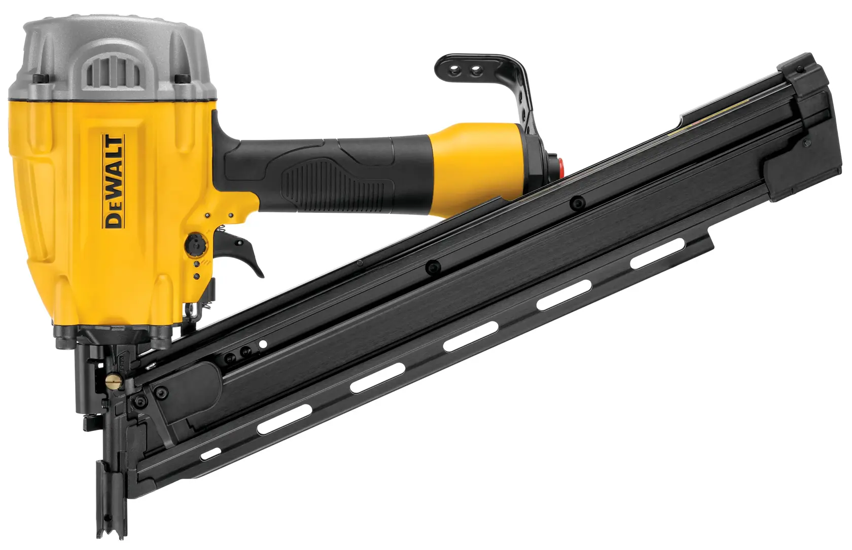 A DEWALT angled framing nailer with a yellow and black body, designed for heavy-duty construction tasks. The nailer has an ergonomic handle and a long black magazine for holding nails.
