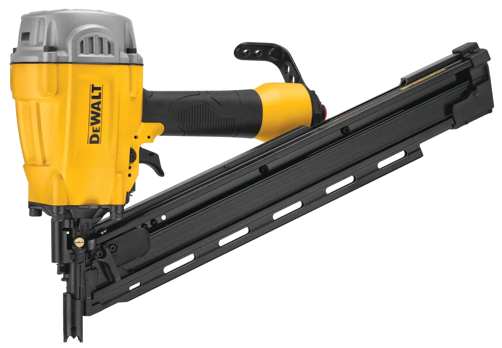 A DEWALT branded pneumatic framing nailer with a yellow and black body and an angled magazine for nails.