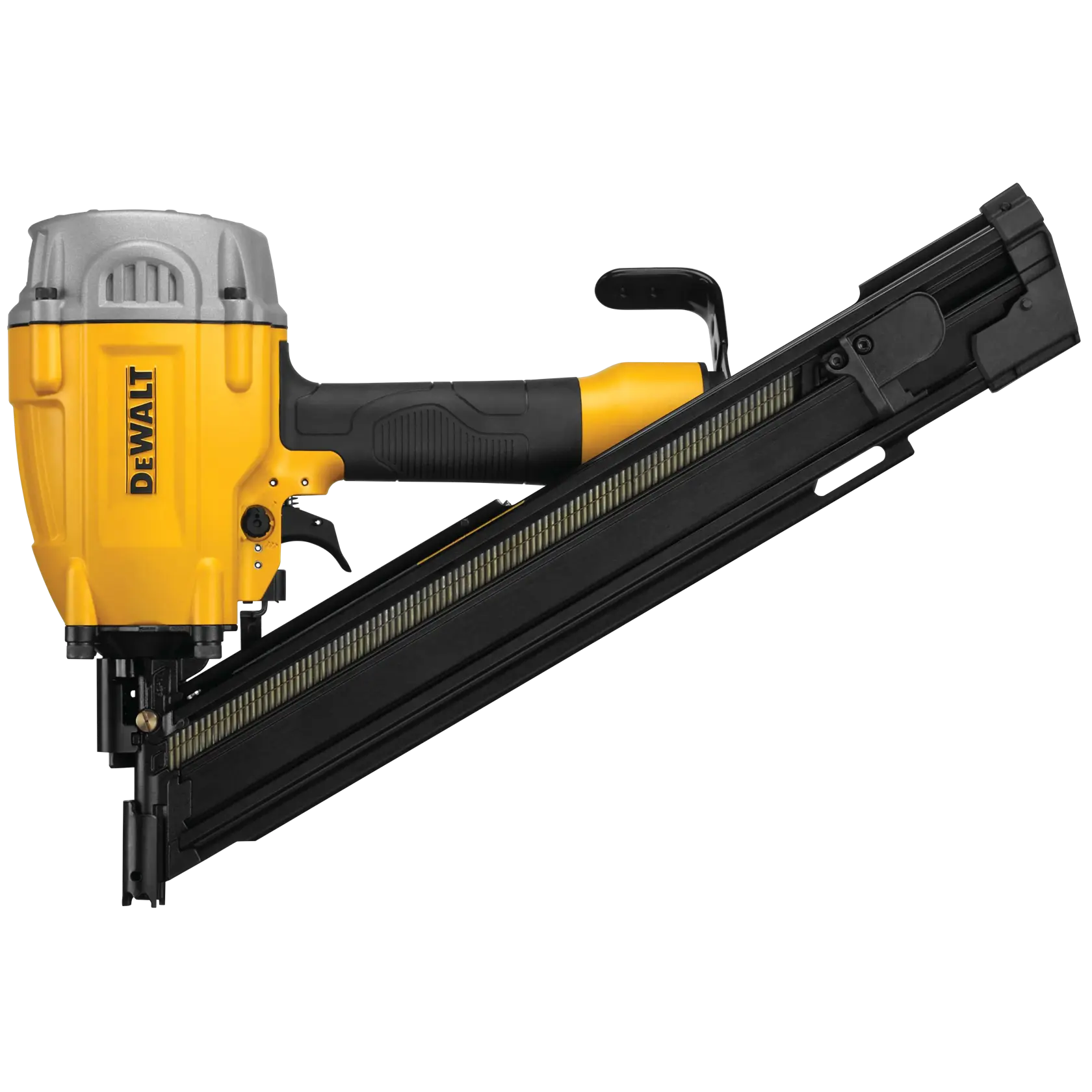 A DEWALT nail gun being used to fasten wood framing during construction, held by a person wearing work clothes.