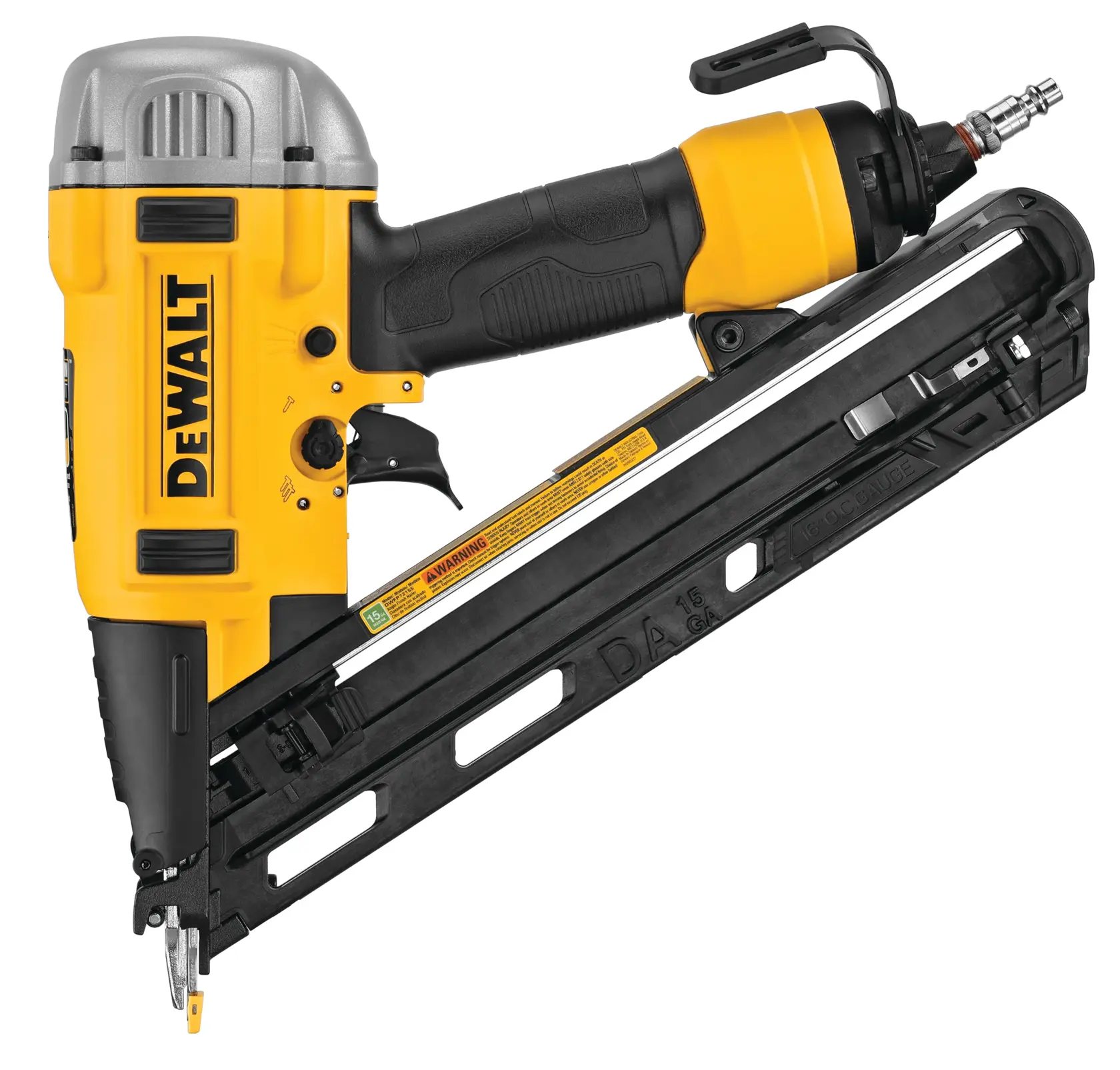 Profile of 15 gauge Precision point DA style angle finish nailer.