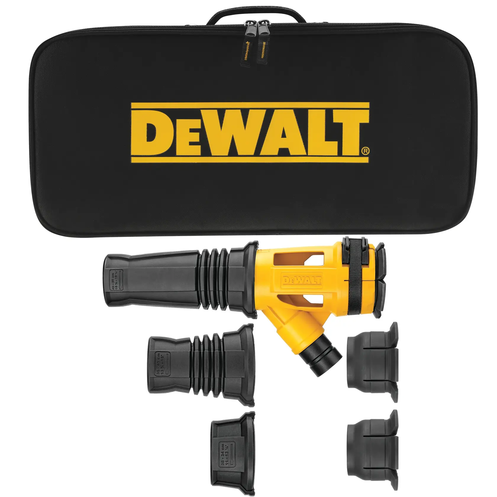 A DEWALT branded dust extraction accessory kit displayed on a white background, featuring a black carrying case with yellow logo, a yellow and black dust extraction nozzle, and multiple black adapter attachments.