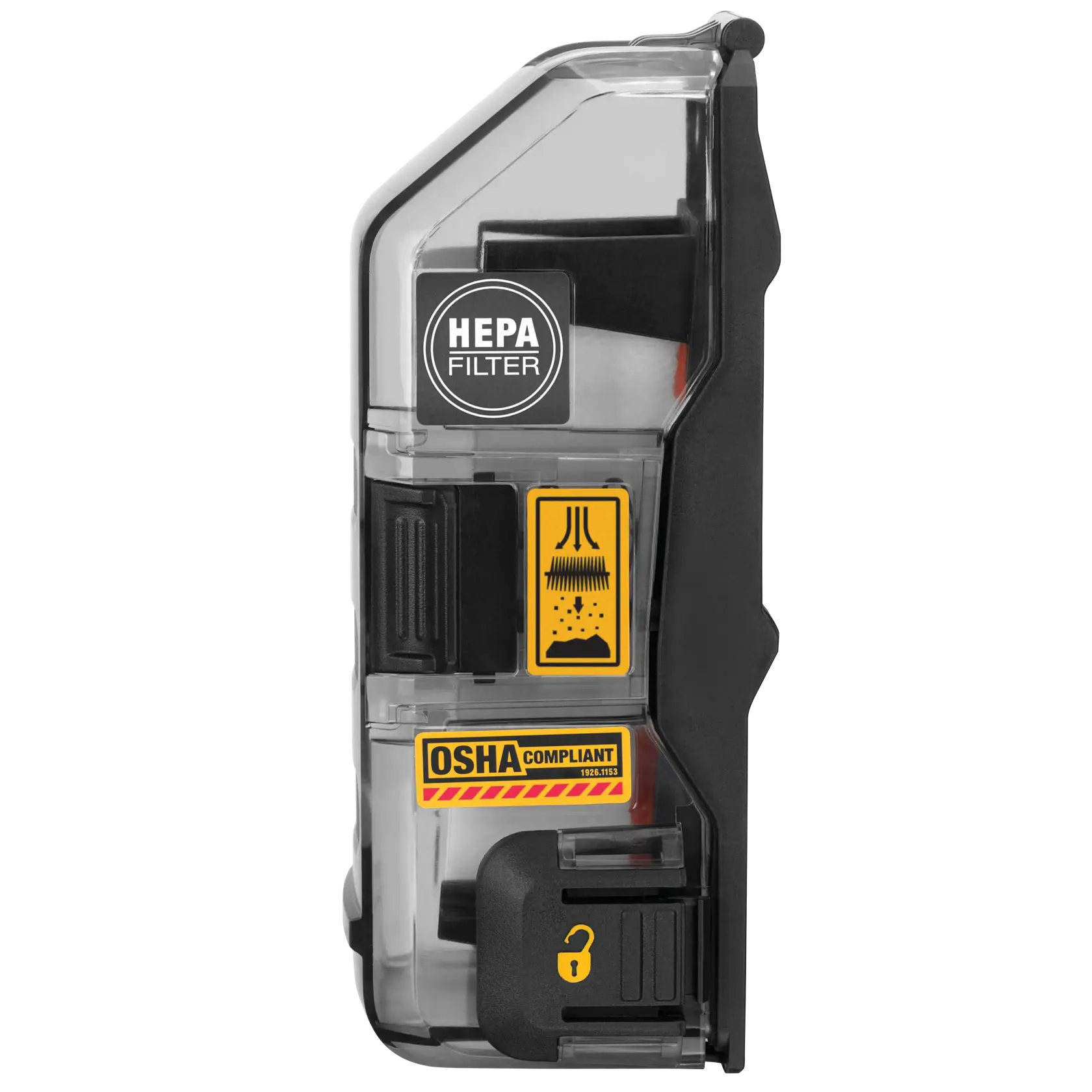 Side view of a DEWALT HEPA filter dust extractor accessory with transparent casing, OSHA compliant label, and a padlock icon indicating a locking mechanism.