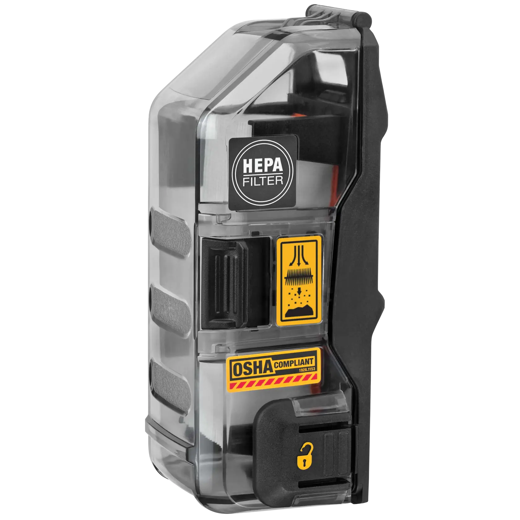 Close-up image of a DEWALT HEPA filter unit for dust collection, featuring clear plastic casing, a HEPA FILTER label, OSHA compliant marking, and lock indicator.
