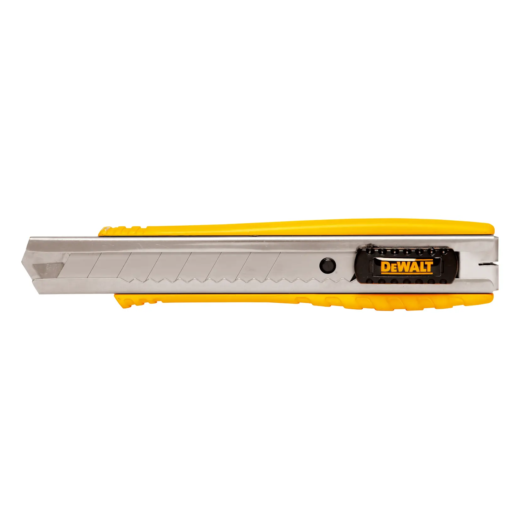 A DEWALT utility knife with a retractable segmented blade, featuring a yellow and gray body and a black slider button.