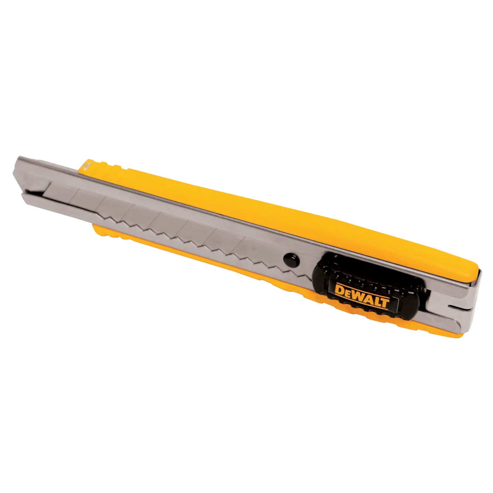 A DEWALT 18 mm snap-off blade knife in its packaging. The packaging is yellow and black and features details such as all metal construction, slim design for more control, and a blade snapper. The knife has a DEWALT logo on it and is primarily silver and yellow.
