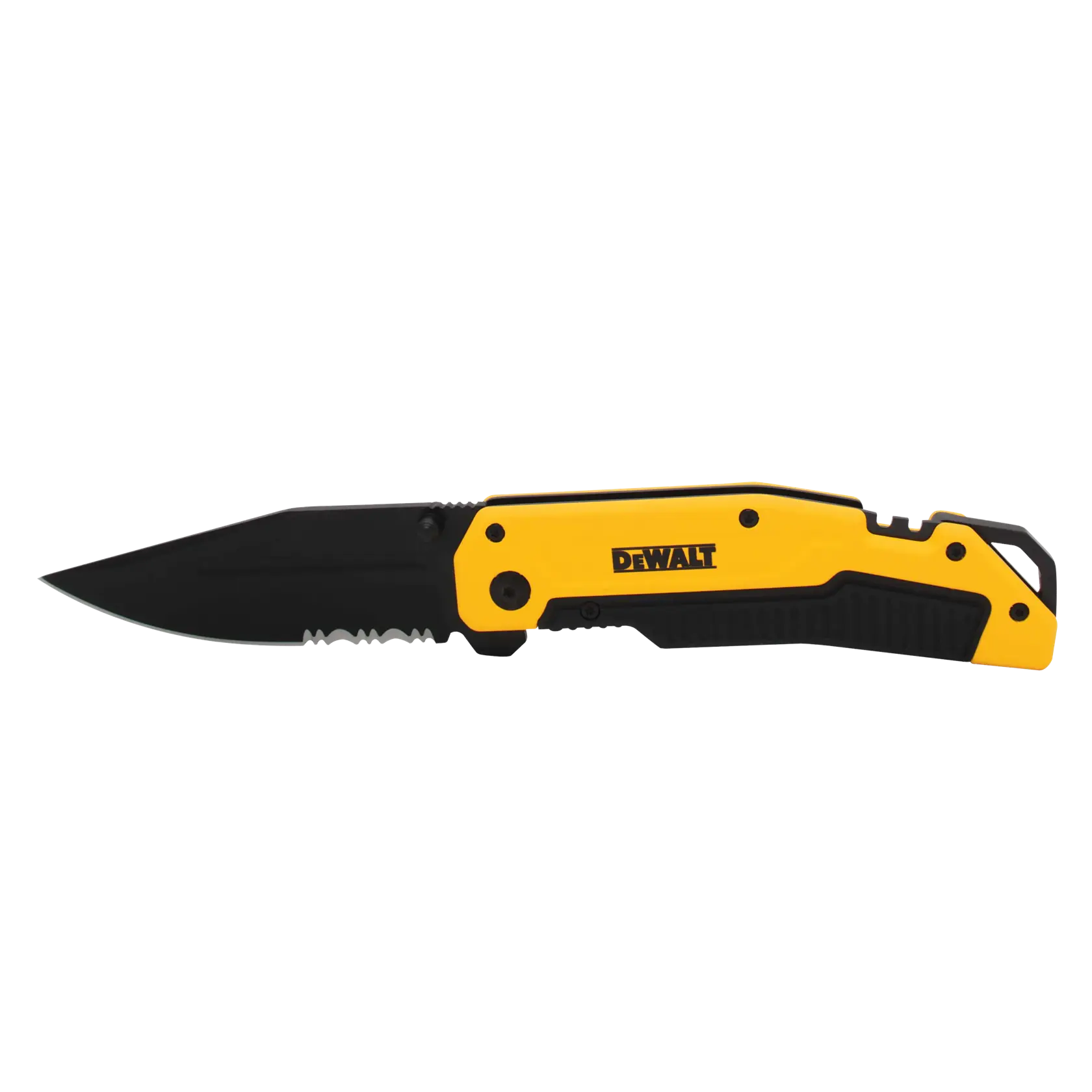 A DEWALT folding pocket knife with a black partially serrated blade and a yellow and black handle.